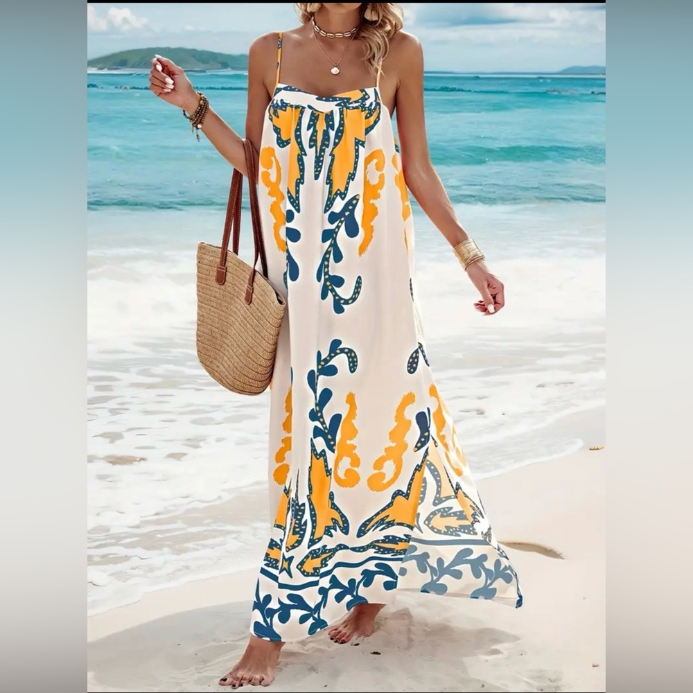 Vibrant Maxi Dress with Blue and Yellow Patterns NWOT
